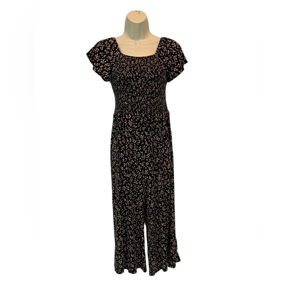 Nordstrom Short Sleeve Bell Bottom Jumpsuit - Black - White/Yellow Floral - XL